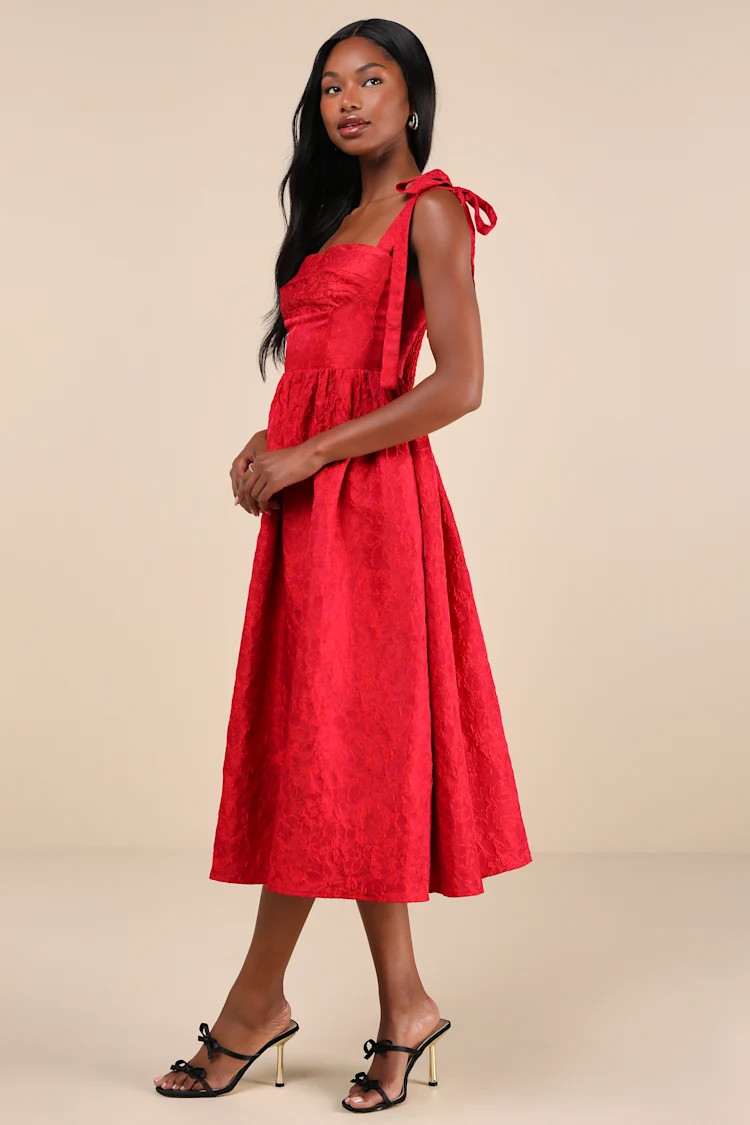 Successfully Chic Red Jacquard Pleated Tie-Strap Midi Dress | Lulus