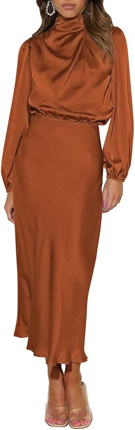 Pink Queen Women's Elegant Long Sleeve Satin Dress Mock Neck Elastic Waist Cocktail Party Wedding... | Amazon (US)