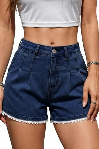 Dokotoo Denim Shorts for Women Scalloped Lace Trim Mid Rise Jean Shorts Pleated Wide Leg Stretchy... | Amazon (US)
