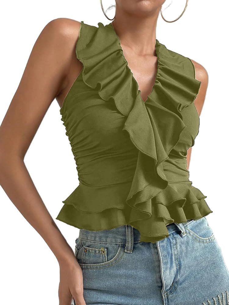 Milumia Women Ruffle Trim V Neck Halter Top Ruched Fitted Crop Tank Tops | Amazon (US)
