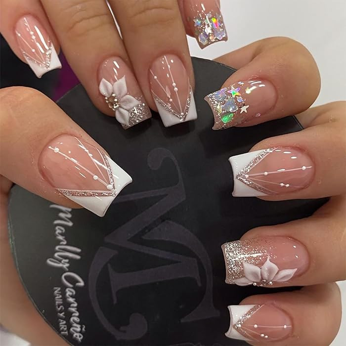 24pcs Short Square Press on Nails French Tip Fake Nails White Flower with Star Design Glitter Fal... | Amazon (US)