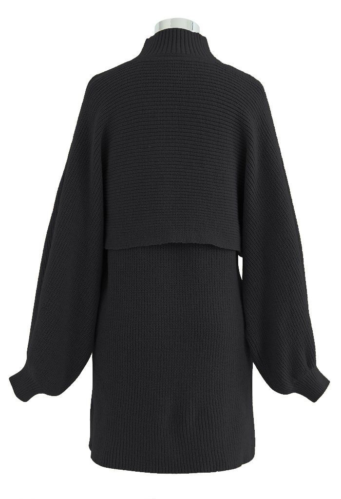 Mock Neck Crop Sweater and Sleeveless Knit Dress Set in Black | Chicwish