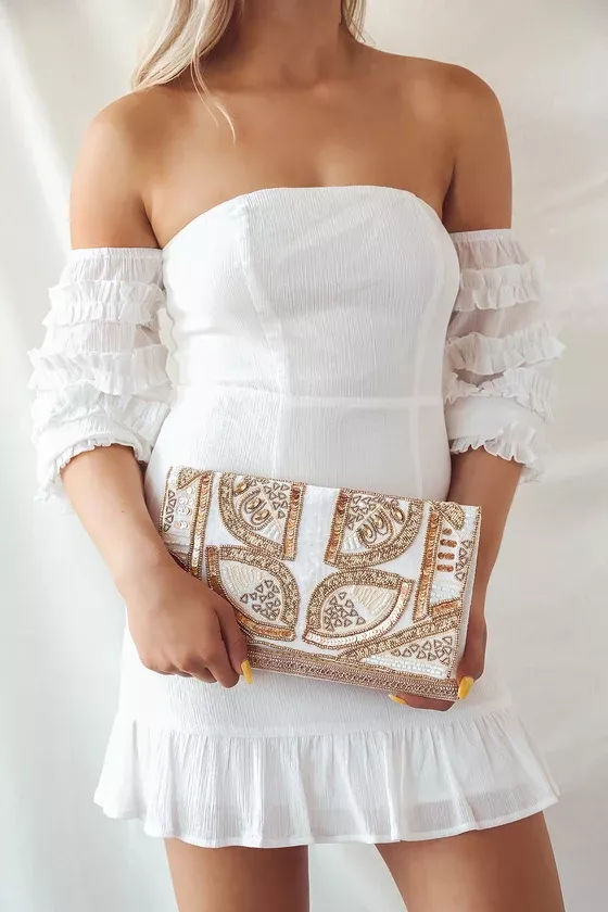 Etched in Stone Cream Beaded Clutch