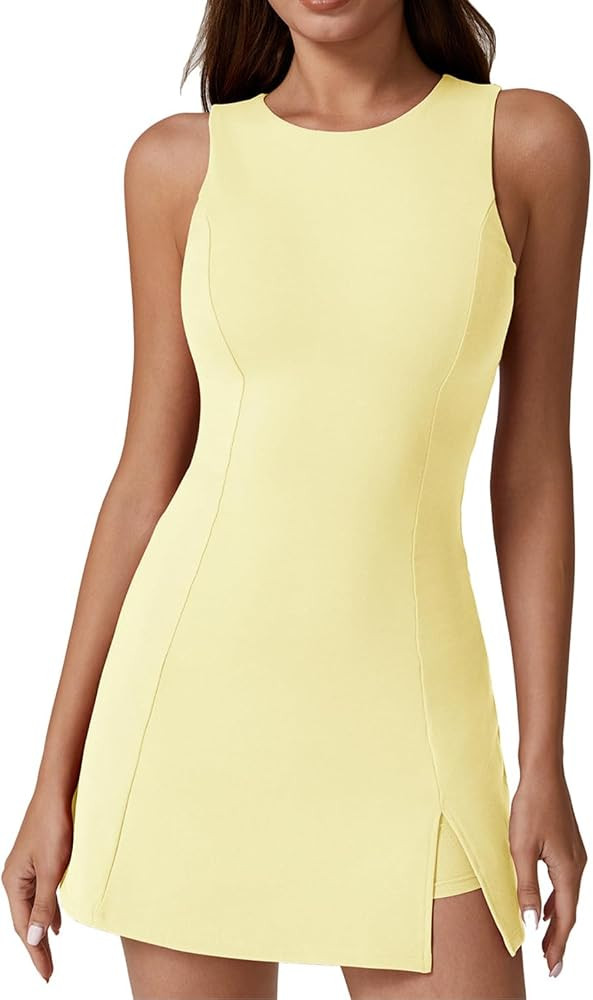 QINSEN Womens Crew Neck Tennis Dress Sleeveless Side Slit Golf Athletic Dress Build in Shorts with Pockets | Amazon (US)