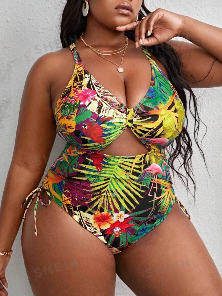 SHEIN Slayr Plus Size Tropical Print Side Ties Hollow Out Summer Beach One-Piece Swimsuit | SHEIN