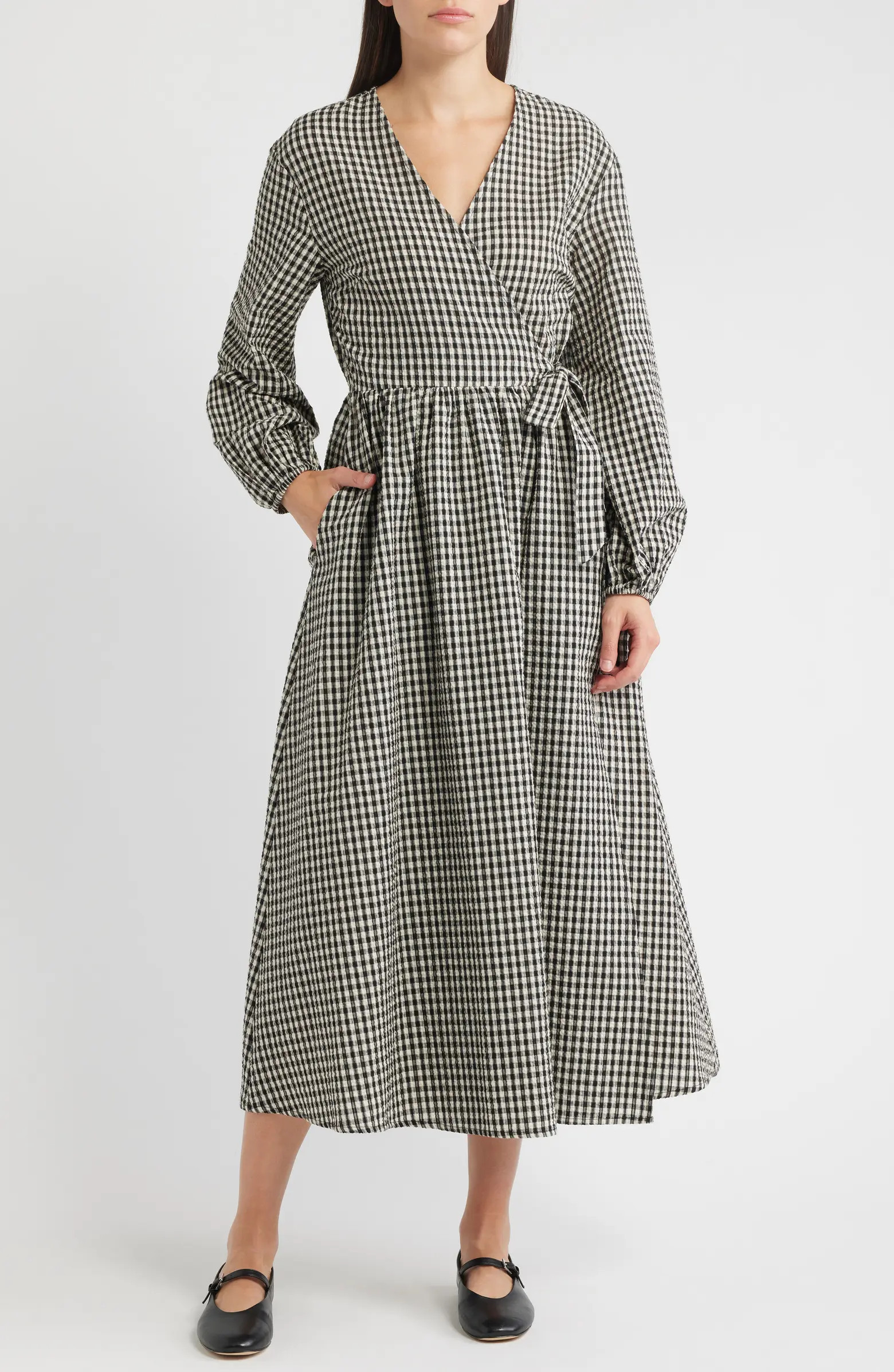 Anemone Gingham Long Sleeve Seersucker Wrap Dress | Nordstrom
