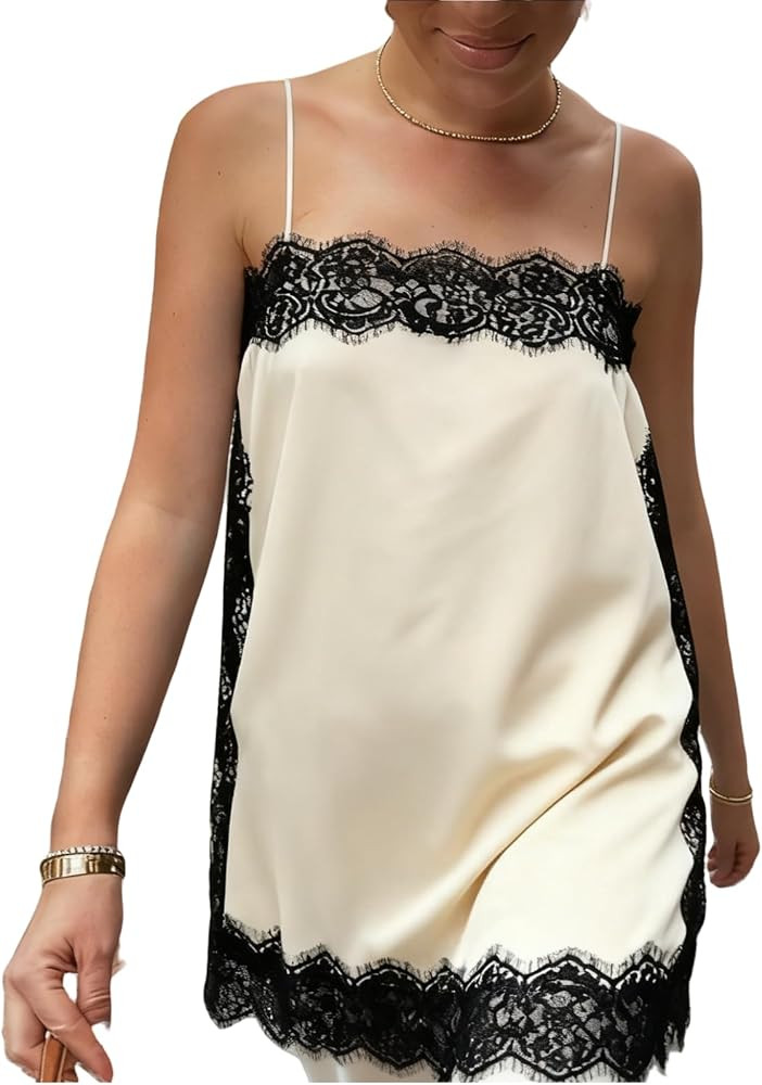 Women Silk Lace Trim Cami Tops Y2k Spaghetti Strap Silky Slip Dress Y2k Backless Going Out Camiso... | Amazon (US)