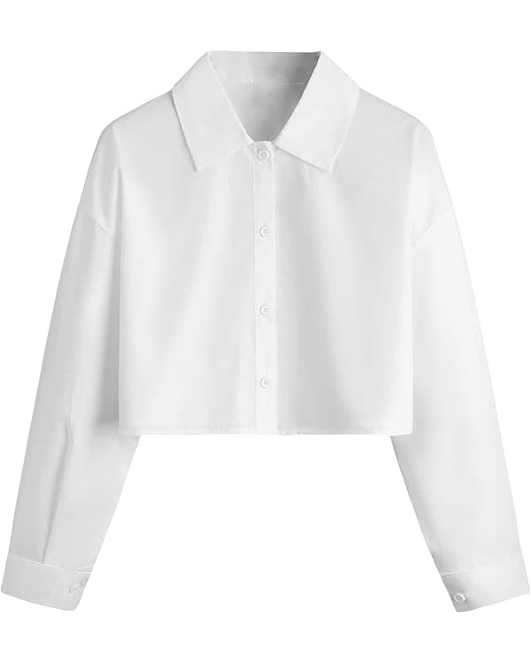 Verdusa Women's Button Down Long Sleeve Collar Shirt Blouse Crop Top | Amazon (US)