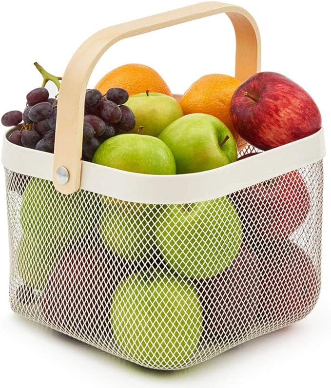 EZOWare White Mesh Steel Storage Organizer Basket Bin with Wood Handle Ideal for Kitchen Bathroom... | Amazon (US)