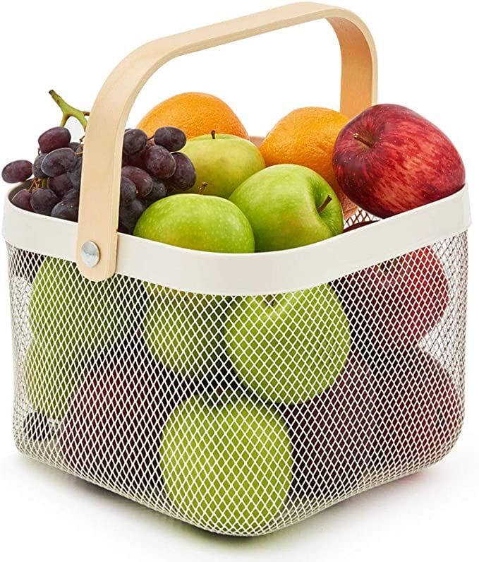 EZOWare White Mesh Metal Storage Organizer Basket Bin with Wood Handle Ideal for Kitchen Bathroom... | Amazon (US)