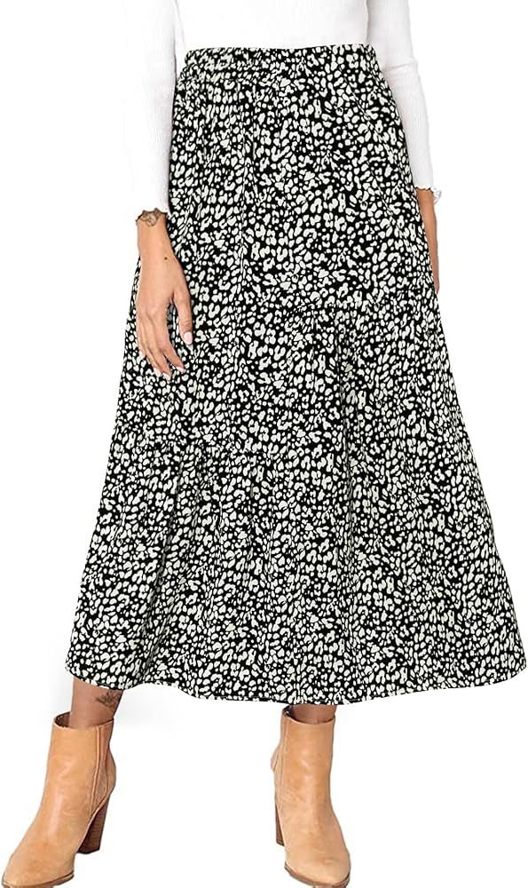PRETTYGARDEN Women's Printed Pleated Maxi Skirt Casual High Waist Elastic Leopard A-Line Swing Summe | Amazon (US)