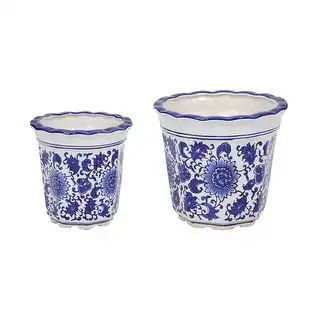 Sagebrook Home Ceramic Chinoiserie Pot Planters Set of 2, Blue and White - 8" x 8" x 8" | Bed Bath & Beyond