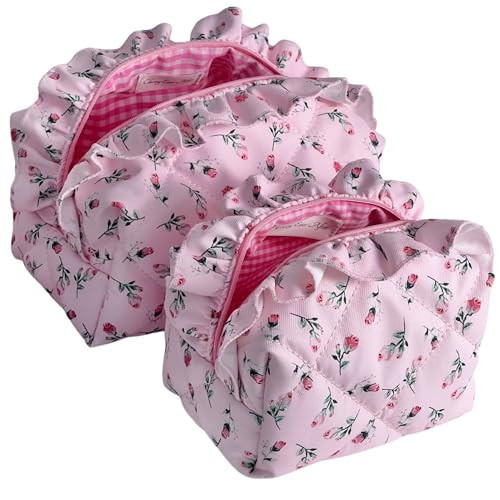 Quilted Pink Rose Makeup Bag Set of 2, Ruffled Cotton Cute Floral Pouches, Large & Small Coquette Pouch for Purse, Travel Cosmetic Organizer Bags, Aesthetic Toiletry Bag, Girly Gifts Women Teen Girls | Amazon (US)