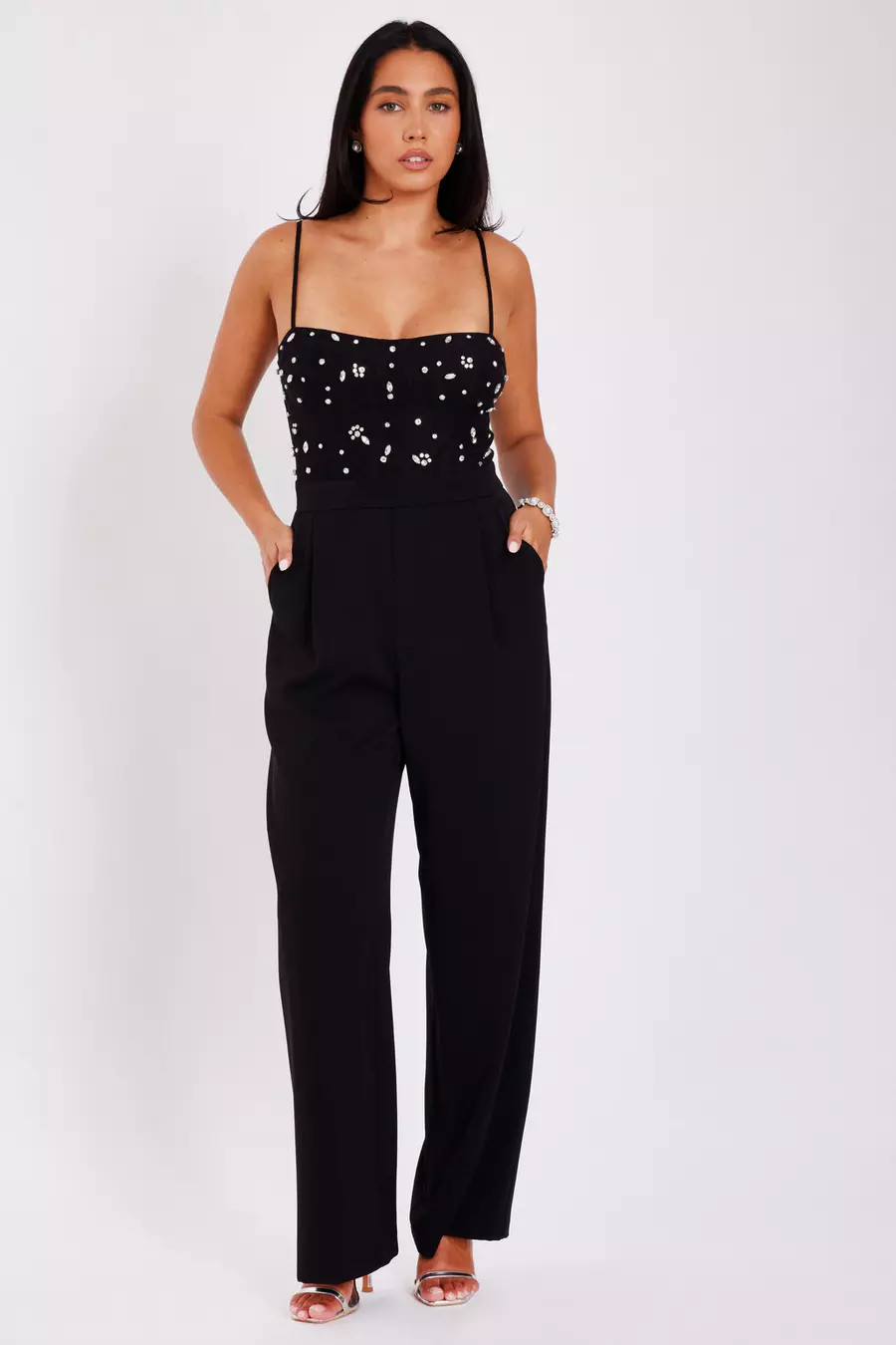 Black Embellished Mesh Bodice Jumpsuit | Quiz Clothing