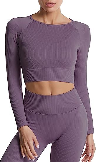 Women's Long Sleeve Workout Crop Tops Cutout Yoga Running Hoodie Sweatshirt Slim Fit Super Croppe... | Amazon (US)