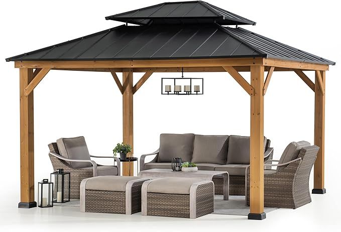 Sunjoy 11 x 13 ft. Wood Gazebo Cedar Framed Gaezbos with Black Double Steel Hardtop Roof for Gard... | Amazon (US)