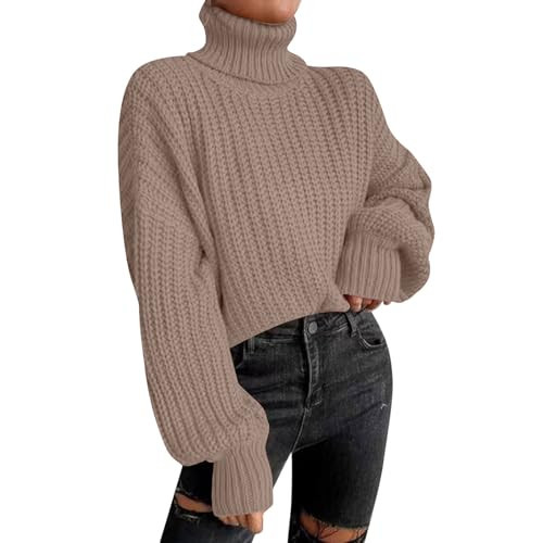 Women's Cropped Turtleneck Sweater Lantern Sleeve Ribbed Knit Pullover Sweater Jumper Camel | Amazon (US)