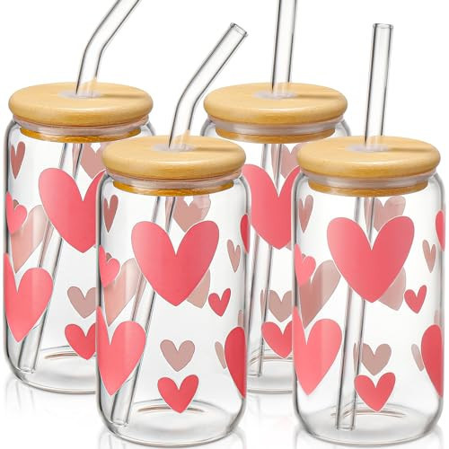 DWTS DANWEITESI Glass Cups with Lids and Straws with Design Pink Hearts 4 pcs,Clear Glass Cups 16 oz-Glass Tumbler,Cute Glass Iced Coffee Cups with Lids and Straws | Amazon (US)