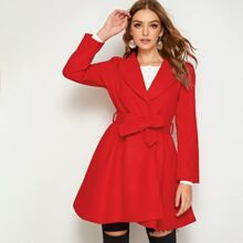 Solid Notched Neck Belted Wrap Hem Coat | SHEIN