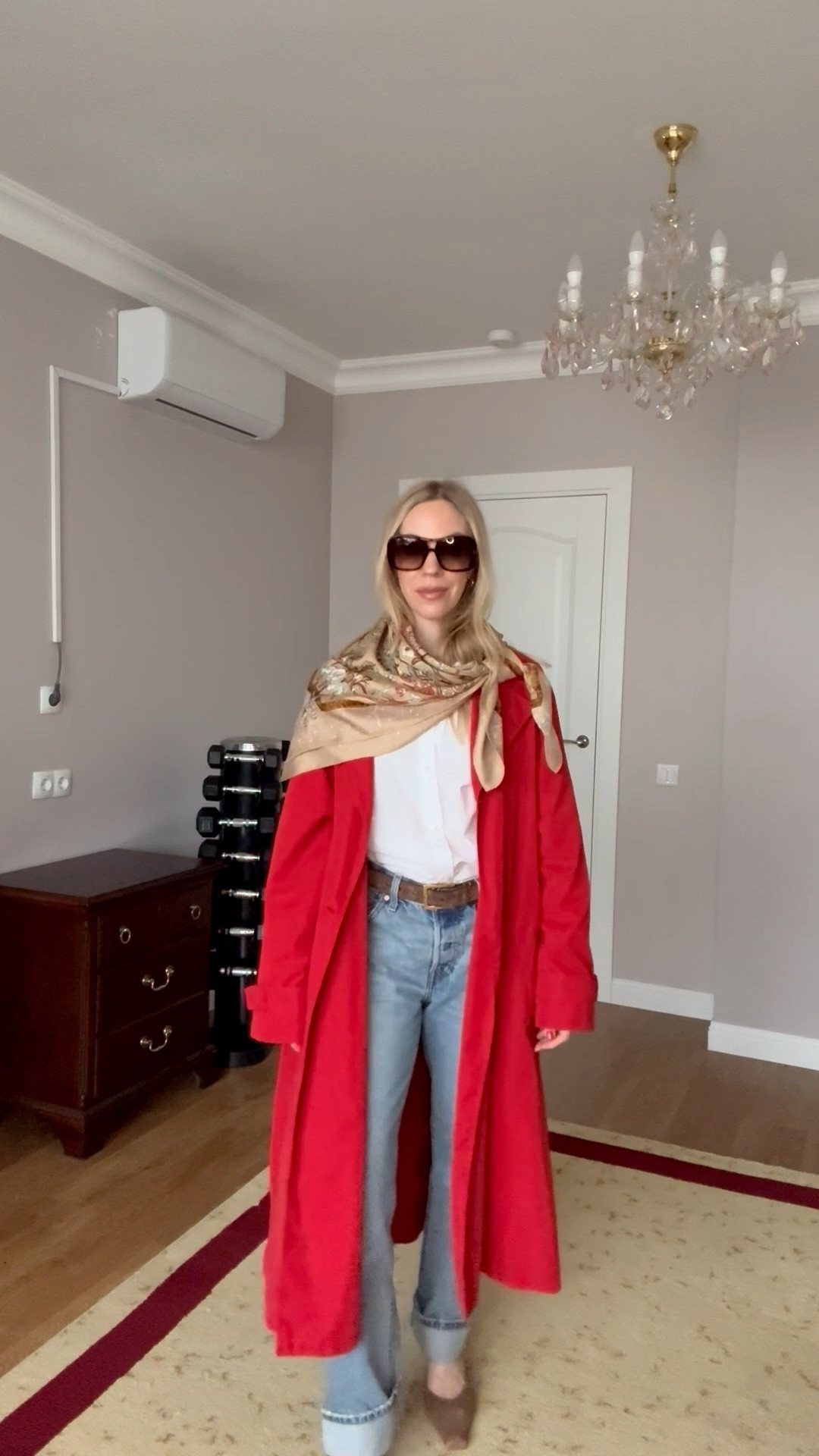 Casual chic spring outfit, red trench coat, silk scarf, white button down shirt, suede YSL belt, Levi’s baggy 90’s jeans, H&M suede mules 

#LTKgrwm #LTKOver40 #LTKootd