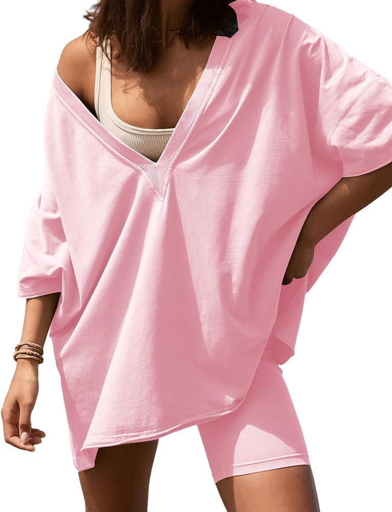 2 Two Piece Outfits for Women Summer Oversized Workout V Neck T Shirts Biker Shorts Matching Sets | Amazon (US)