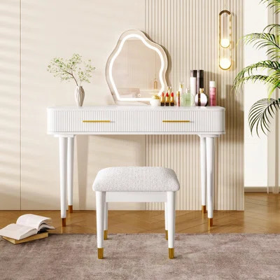 Elegant Vanity Table Set with Lighted Mirror and Upholstered Stool, Versatile and Well-Organized for Modern Spaces | Wayfair North America