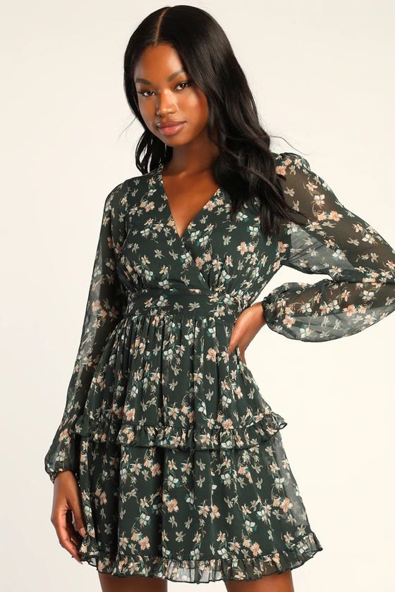 Darling Attitude Dark Green Floral Print Long Sleeve Mini Dress | Lulus (US)