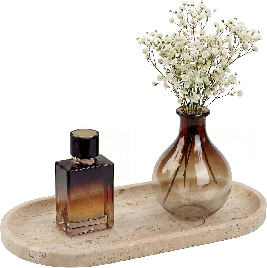 YKAJO Natural Travertine Beige Oval Marble Tray, 11.8x5.9 Vanity Organizer | Amazon (US)