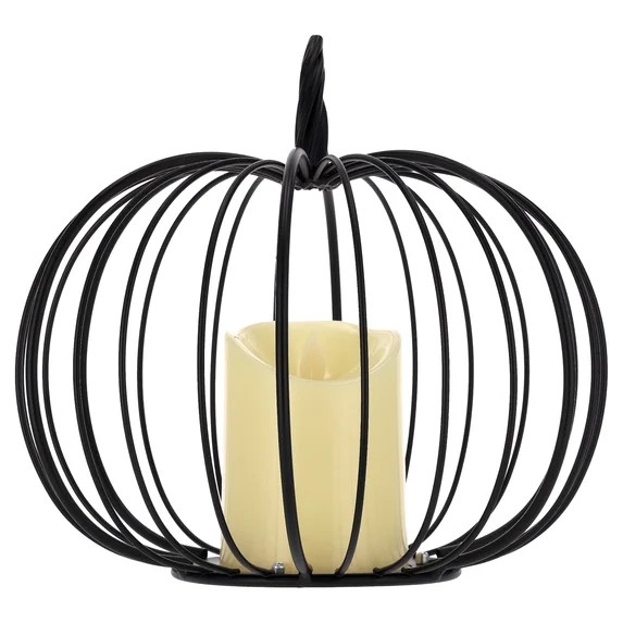 Light-Up Metal Pumpkin Lantern Decoration, Black and White, 9", Fall by Way To Celebrate | Walmart (US)
