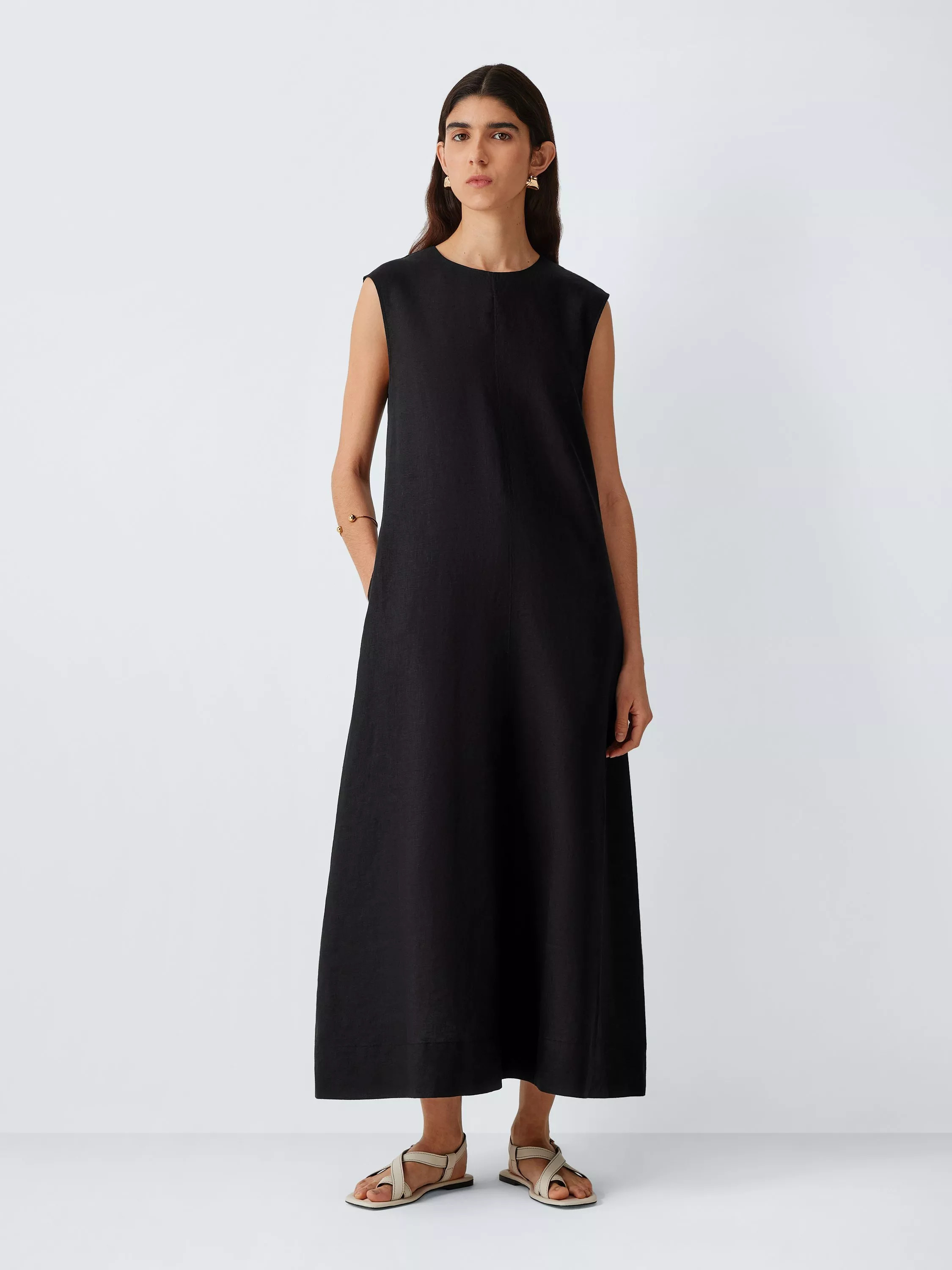 Sleeveless Linen Midi Dress, Black | John Lewis (UK)