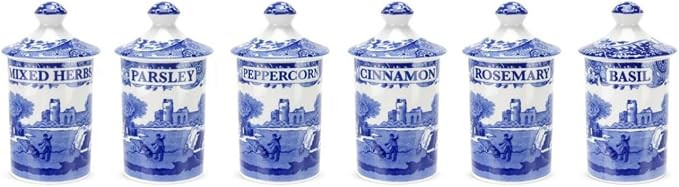 Spode 1389542 Blue Italian Spice Jar, Set of 6 | 4" Porcelain Spice Jars with Lids, Labeled Herb ... | Amazon (US)