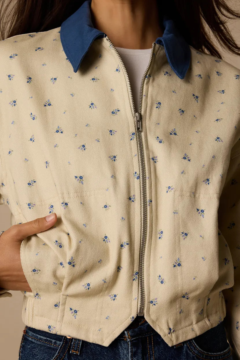 Pomelina Cream Floral Twill Collared Jacket | Lulus