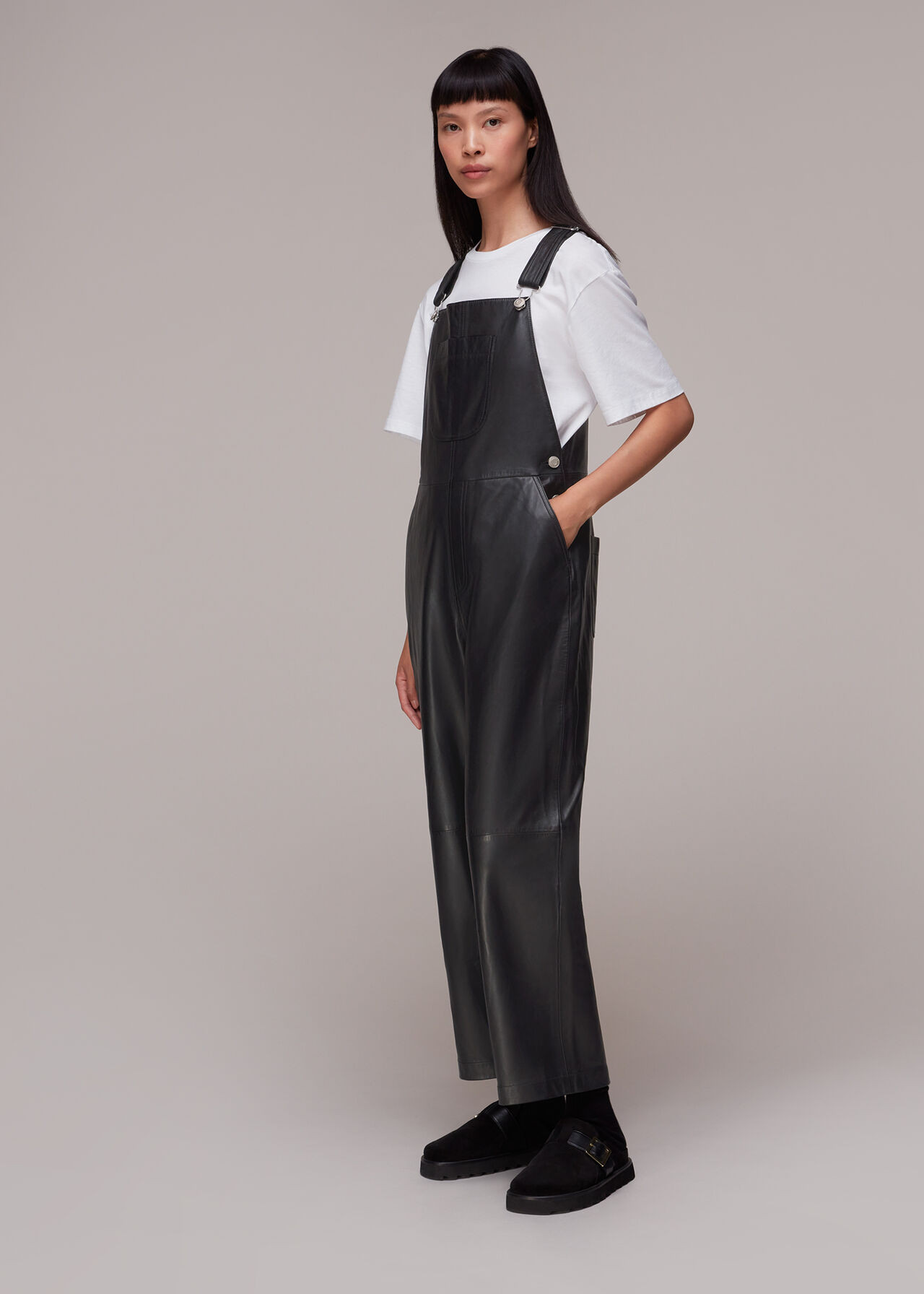 Black Peyton Leather Dungarees | WHISTLES | | Whistles