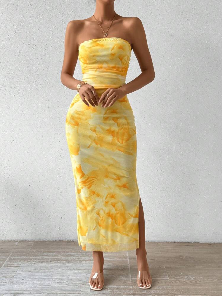 Breezaya Ladies' Tie Dye Strapless Dress With Side Slit Hem Maxi Women Outfit | SHEIN