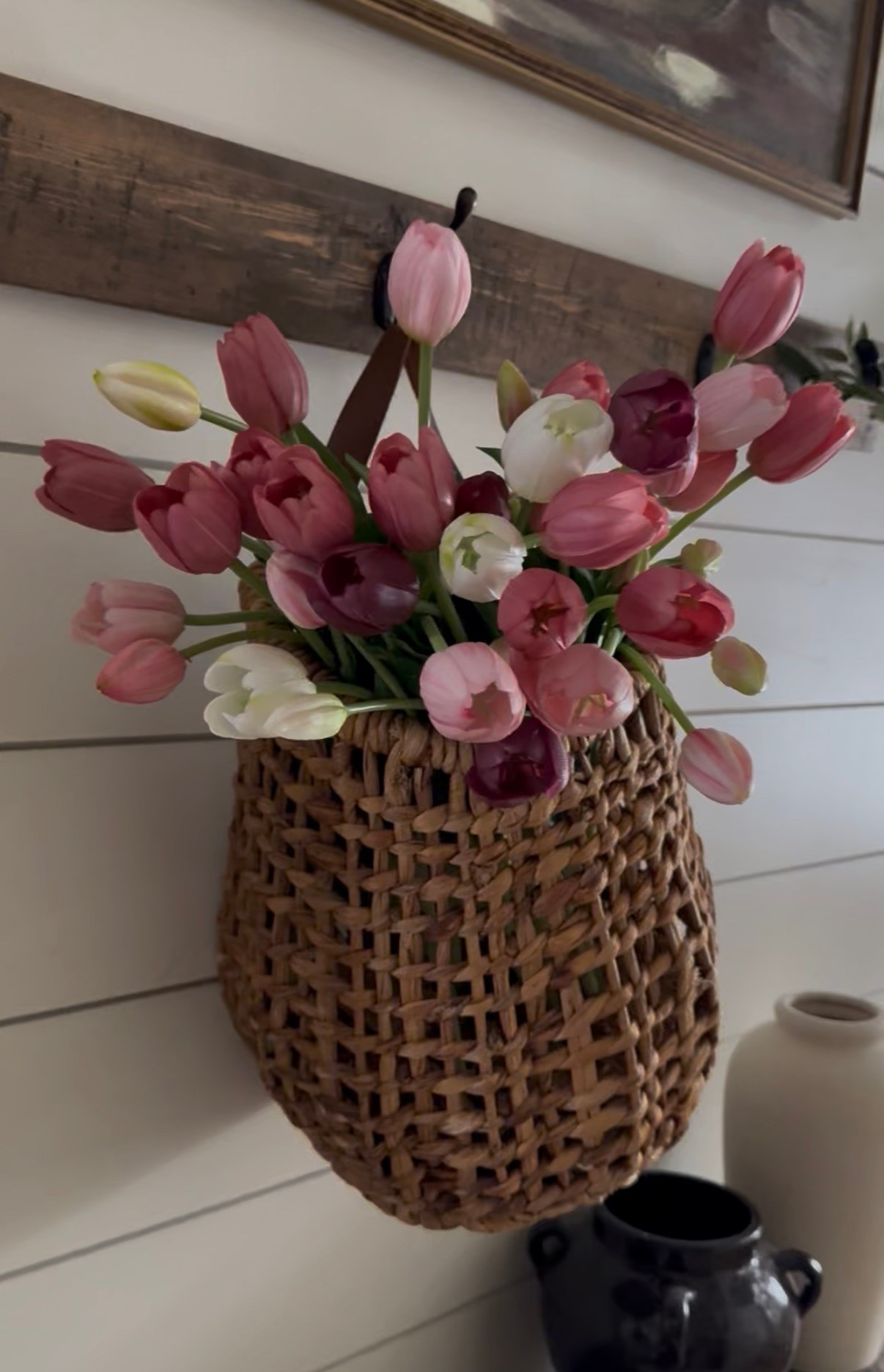 I’m absolutely obsessed with these tulips. They look so realistic even up close. Put them in water and you’ll never know the difference, but I tend to love them in this basket. ￼