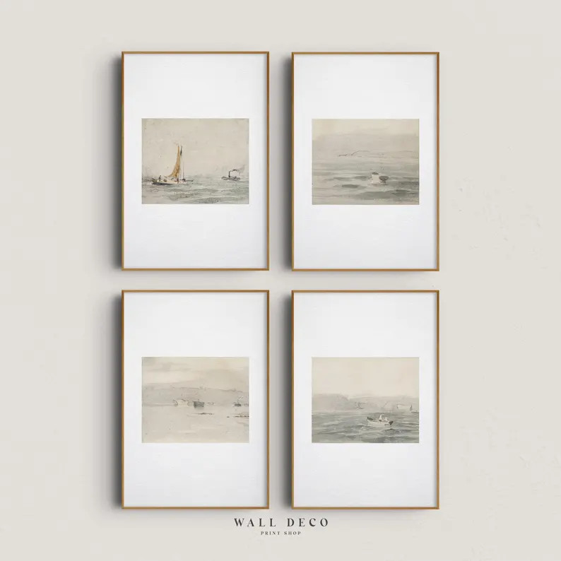 Vintage Nautical Watercolor Sketch Set of 4: Neutral Sailboat Seascape Gallery Wall Art (Digital ... | Etsy (Global)