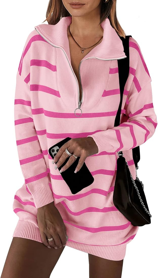 ANRABESS Women's Casual Striped Sweater Dress Oversized Half Zip Knitted Long Sleeve Loose 2023 F... | Amazon (US)
