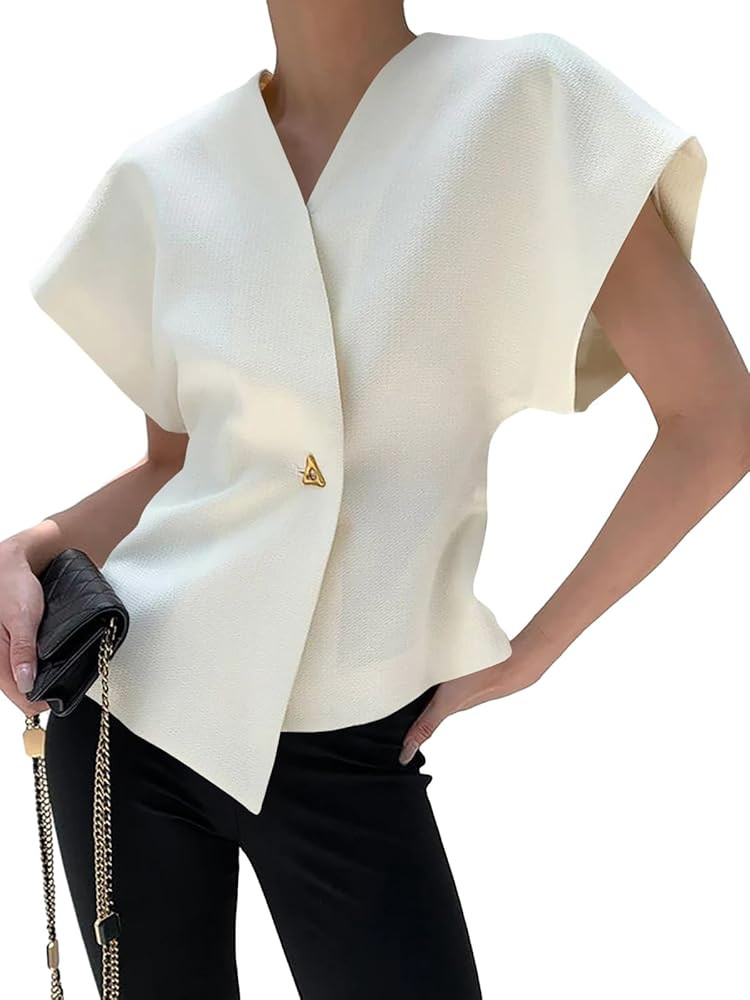 Cicy Bell Womens Trendy V Neck Tops Shirts Short Sleeve Button Down Slim Waist Summer Blouses | Amazon (US)