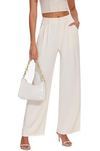 FUNYYZO Women's Loose Pleated Front Long Pants Wide Leg Trousers Solid Causal Dressy A-Beige | Amazon (US)