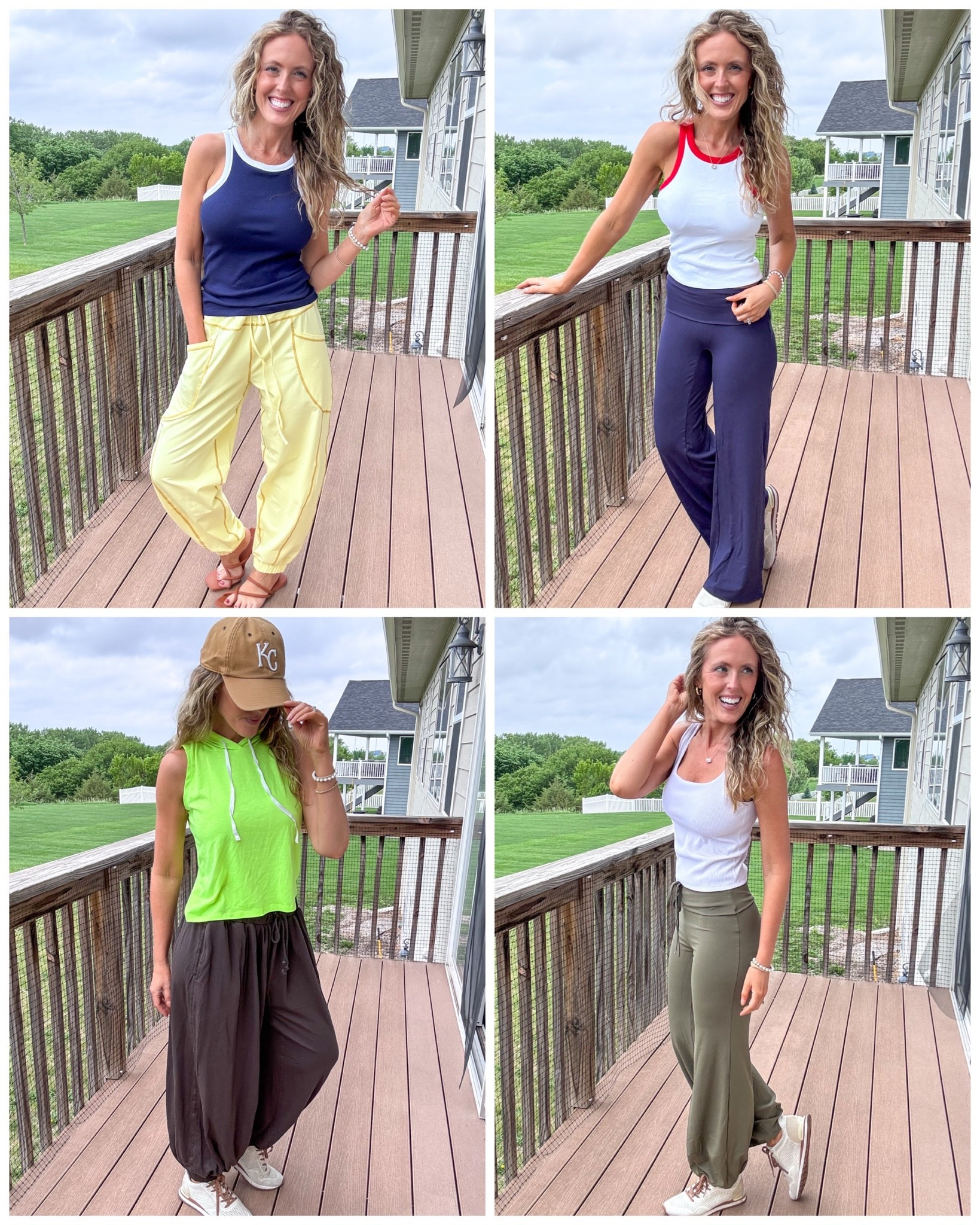 4 non-denim pair of pants that I am loving! 💛 The yellow joggers, ribbed foldover waist navy, grey wide leg pleated and green bubble hem yoga pants are all so good! Wearing a small in all 4. 

As an Amazon Influencer I earn commission on qualifying purchases.

Comfy pants, mom style, trendy pants, built-in bra tops, athletic wear, athleisure, spring fashion, summer styles 2026, casual outfit idea

#LTKActive #LTKootd #LTKmomlife