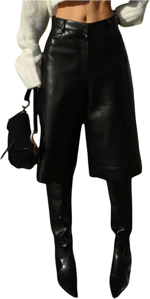 WDIRARA Women's Goth Punk Faux Leather Wide Leg Shorts Loose Knee Length Shorts | Amazon (US)