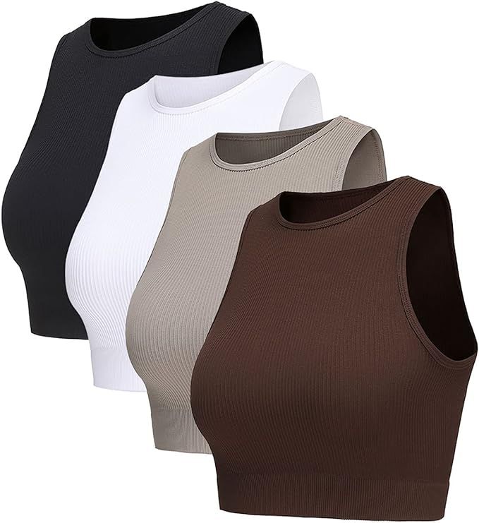 YOAKUKA Women's Tank 4 Piece Seamless Ribbed High Neck Tops Workout Shirts Yoga Crop Top | Amazon (US)