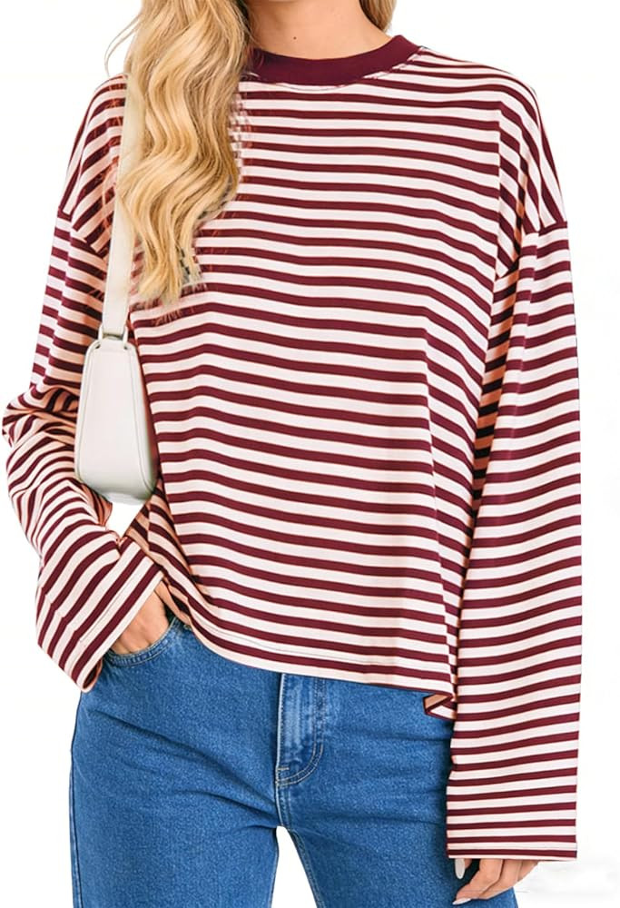 Striped Long Sleeve Shirt Women Oversized Sweatshirt Baggy Tee Shirts Crewneck Pullover Y2K Tops | Amazon (US)