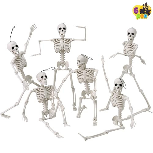 JOYIN 6 PCS 16" Halloween Posable Skeletons Hanging Full Body Posable Joints Skeletons for Halloween Graveyard Haunted House Party Home Props Decorations Indoor Outdoor (White) | Amazon (US)