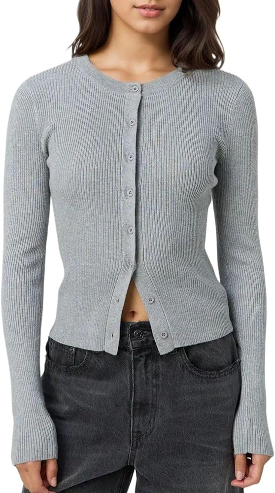 Cioatin Women Long Sleeve Button Up Ribbed Knit Crop Cardigan Y2K Slim Fit Round Neck Sweater Tsh... | Amazon (US)