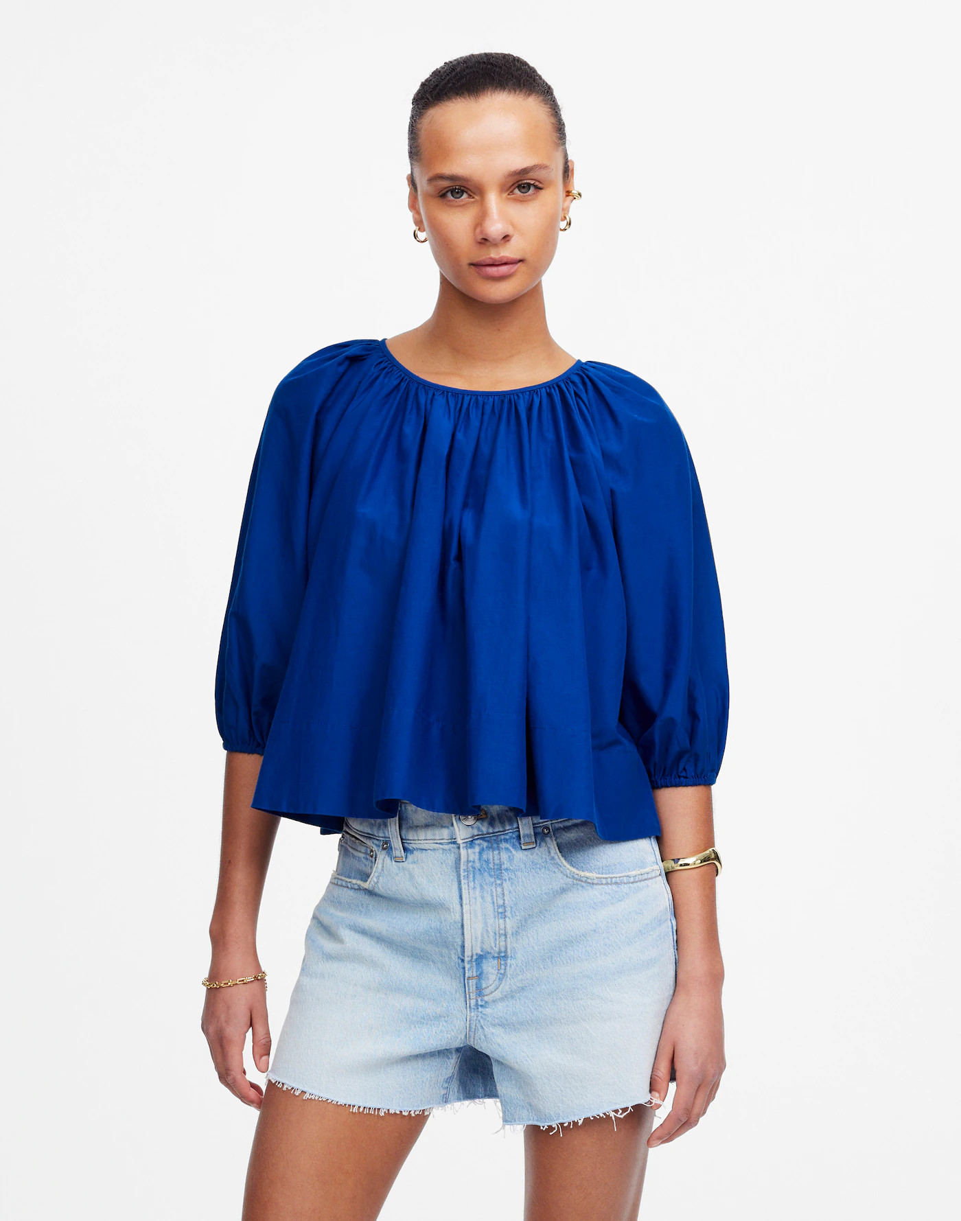 Shirred Puff-Sleeve Top in Cotton-Silk Voile | Madewell | Madewell