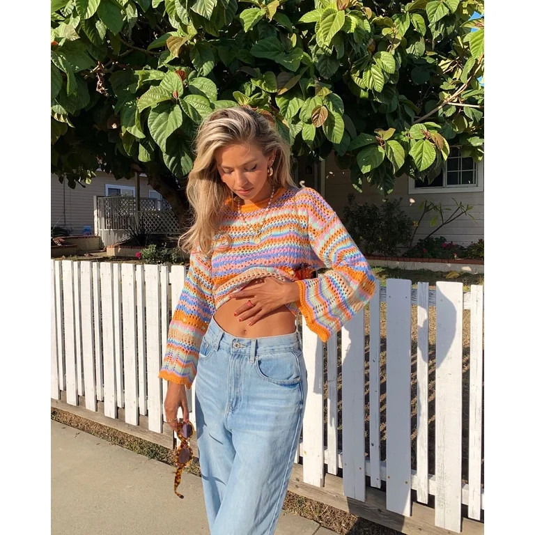 CAITZR Women Crochet Long Sleeve Crop Tops Color Block Hollow Out Sexy Square Neck Knitted Pullov... | Walmart (US)