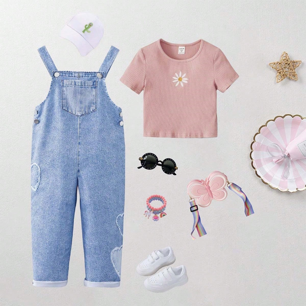 SHEIN Young Girl Blue Casual Heart Print Jumpsuit, Suitable For Street Fashion | SHEIN