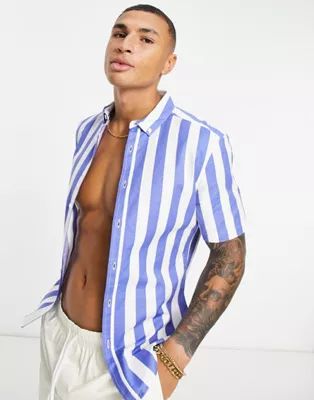 ASOS DESIGN oxford skinny fit stripe shirt in blue | ASOS | ASOS (Global)