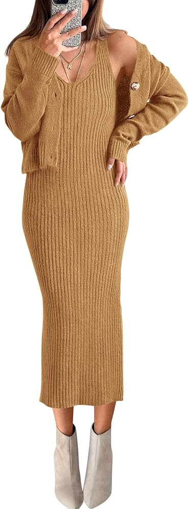 BTFBM Women Fall Knit Sweater Dress Set Bodycon Slit Midi Dresses Button Down Long Sleeve Cropped... | Amazon (US)
